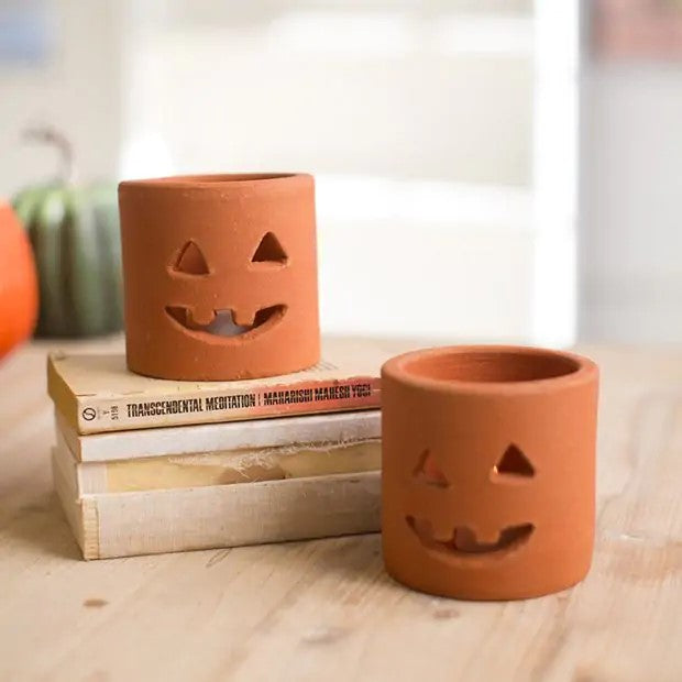 Terra-cotta Tealight/Votive Holder with Cut-Out Jack-O-Lantern Face
