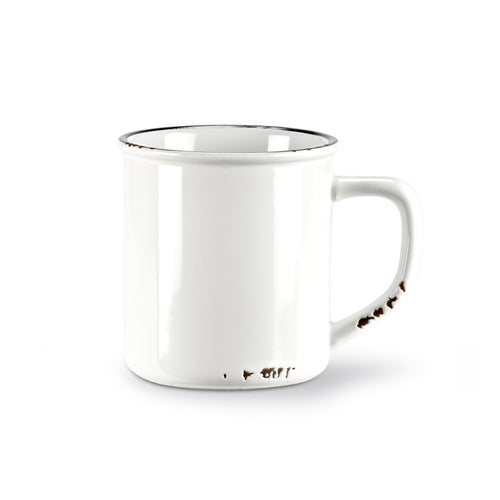 white enamel mug with black details