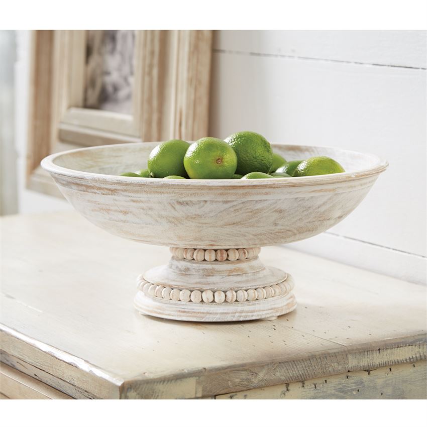 Beaded Wood Pedestal  Bowl- Vintage White