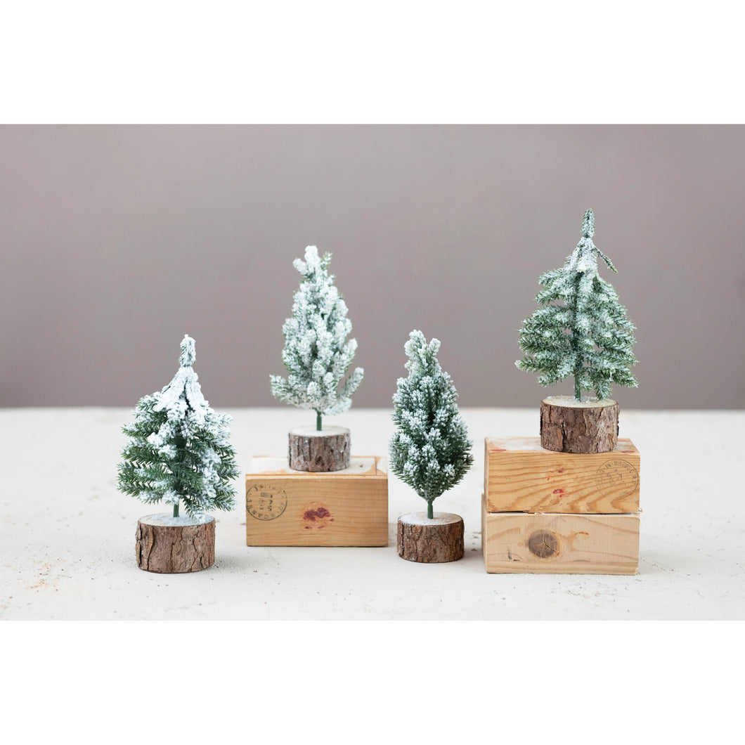 Faux Pine Tree with Wood Base - Snow Finish